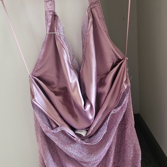 Meshki Meilani Low Back Diamante Pink Mesh Mini Dress - Picture 3 of 4